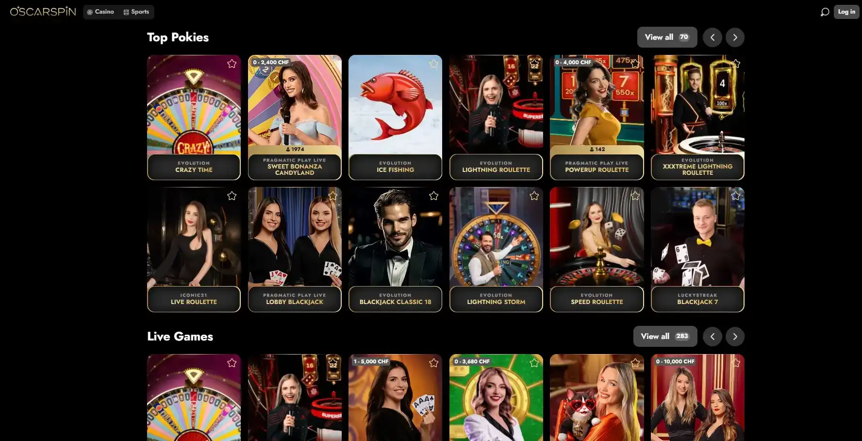 Oscarspin live casino lobby with live dealer table categories
