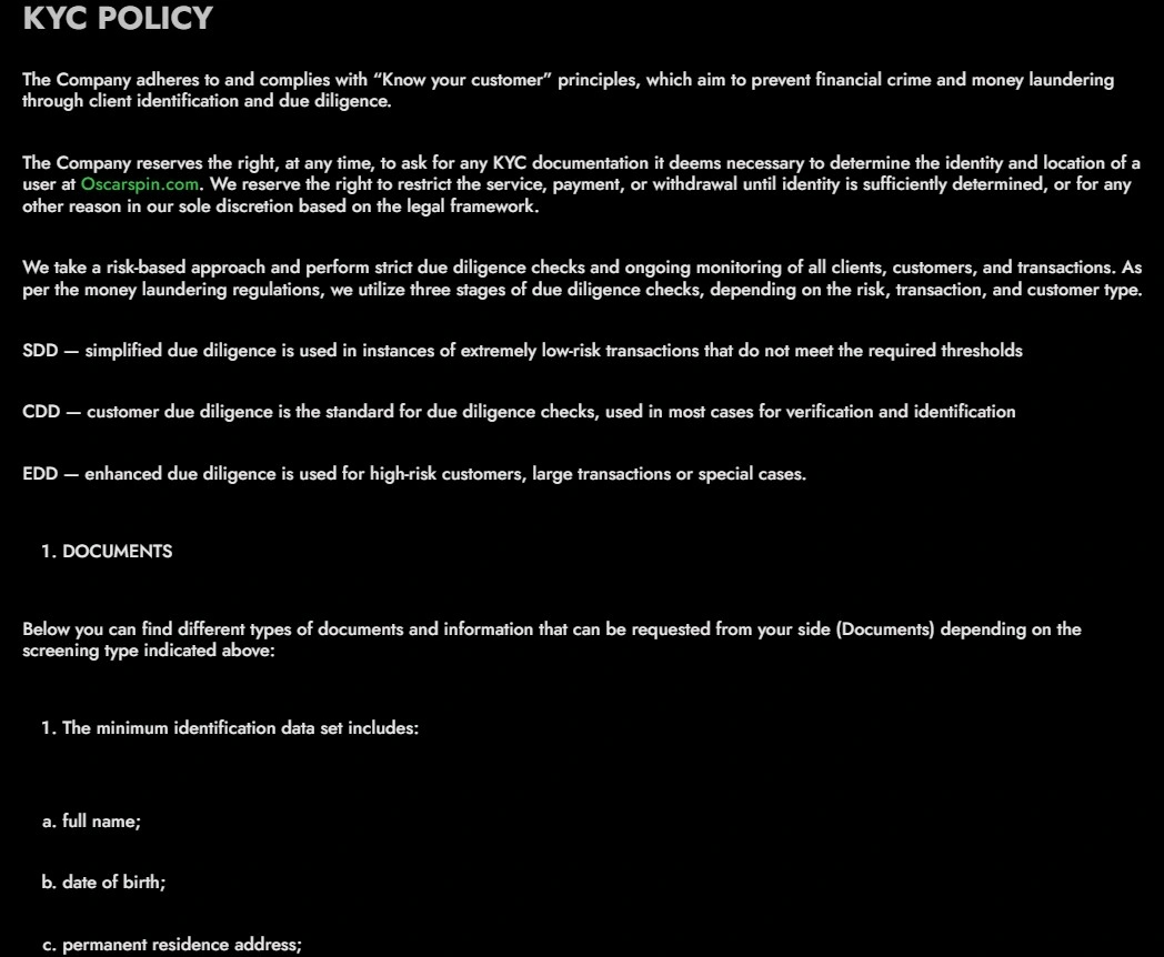 Oscarspin KYC Policy section covering identity documents and review status