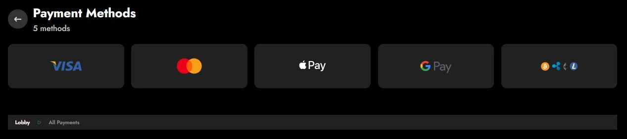 Oscarspin payment methods page showing Visa, MasterCard, Apple Pay, Google Pay and Crypto
