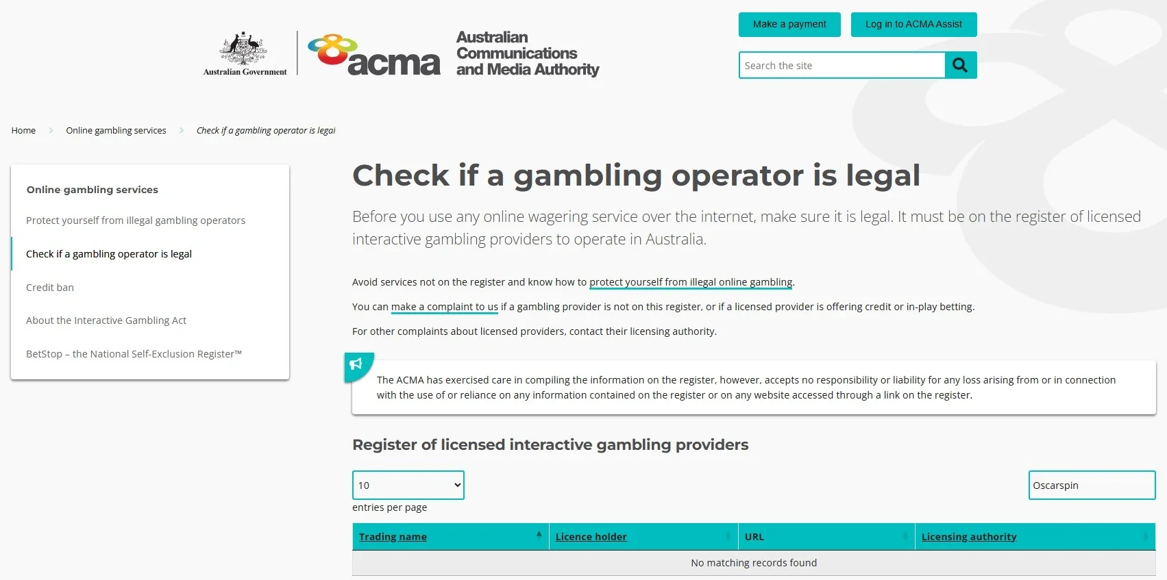 ACMA legal gambling operator page and licensed interactive gambling provider register context