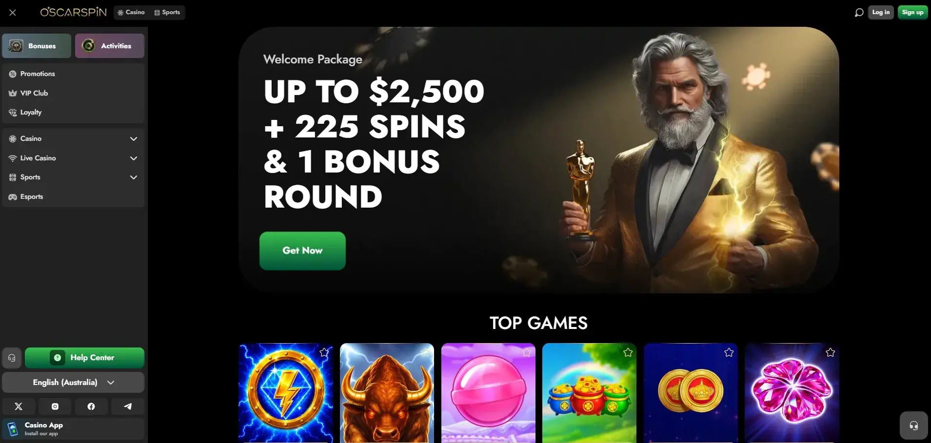 Oscarspin English (Australia) homepage with AU-localised content