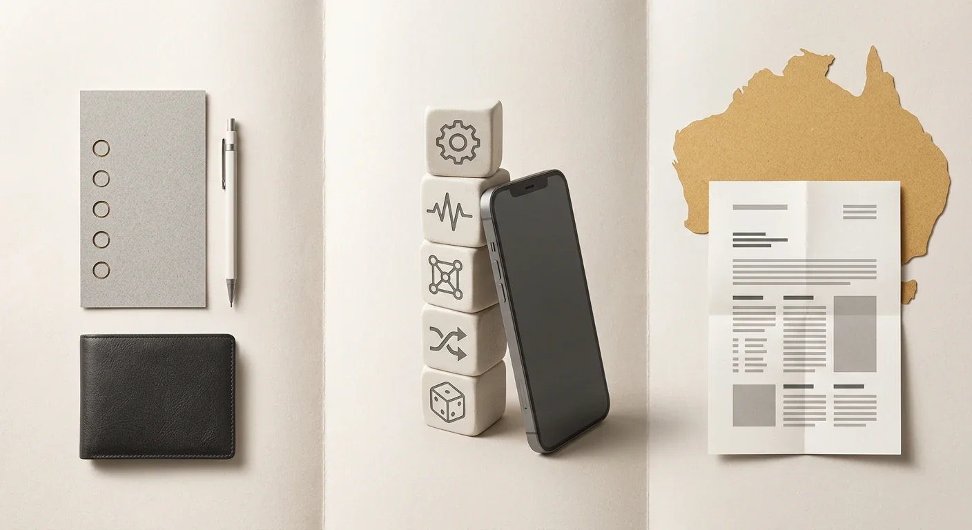 Editorial illustration separating product features, account-level conditions and Australian regulatory context