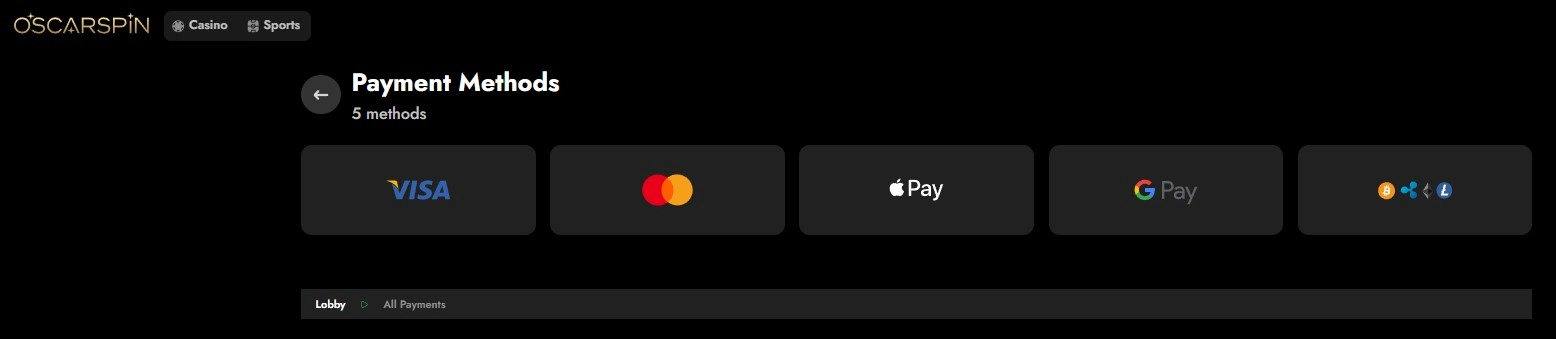 Oscarspin payment methods page showing Visa, MasterCard, Apple Pay, Google Pay and Crypto